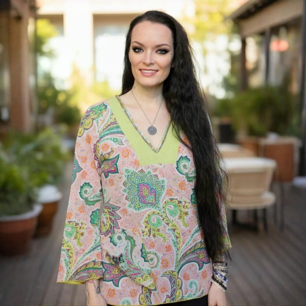 A.B.S. By Allen Schwartz ✦ Paisley Long-Sleeve Tunic ✦ Beaded V-Neck S